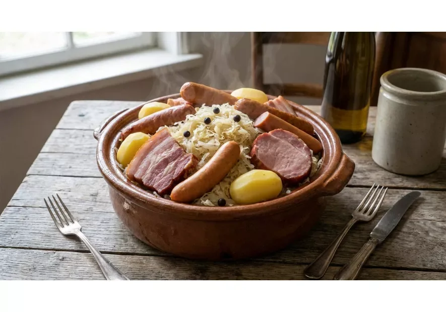 Традиционное эльзасское блюдо с капустой и мясом